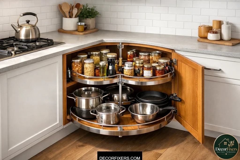 Lazy Susan corner cabinet insert maximizing storage in a small kitchen