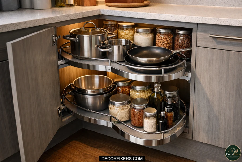 Lazy Susan storage maximizing a tiny kitchen corner