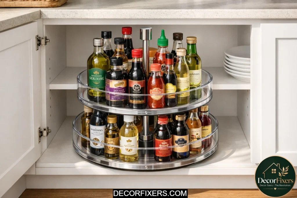 Two-tier lazy Susan organizer storing oils and condiments in lower cabinets