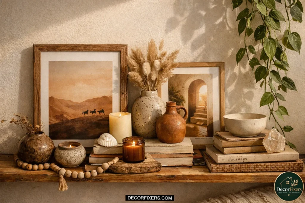 Bohemian bedroom shelf styling with leaning framed artwork, candles, books, ceramics, and trailing plants arranged in a relaxed layered aesthetic.