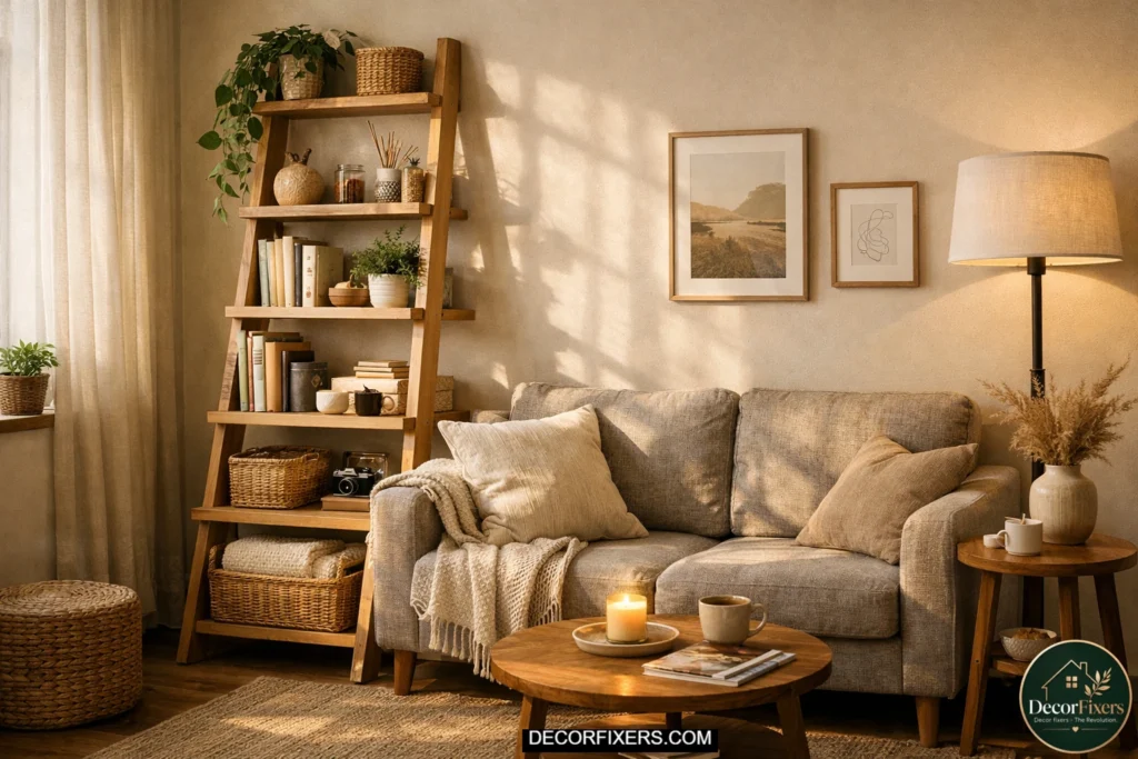 Leaning ladder shelf in a cozy apartment corner displaying books, baskets, plants, and decor as a vertical space-saving storage solution