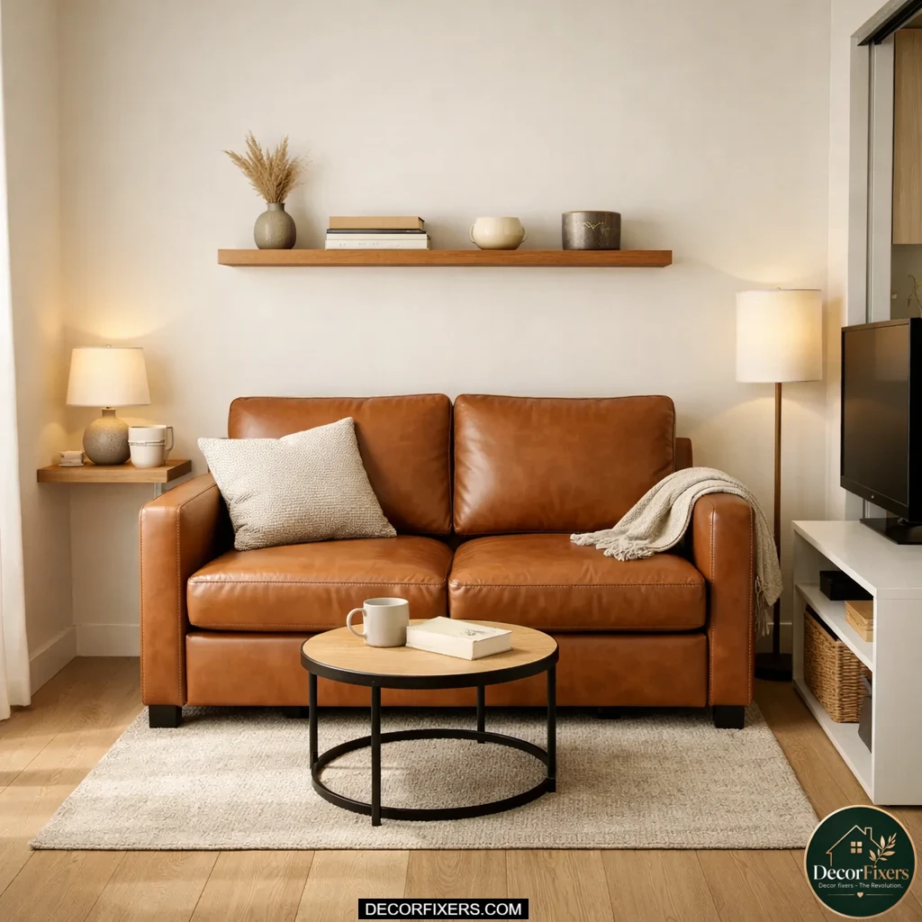 Small tan leather loveseat sleeper inside a tiny minimalist apartment living room.