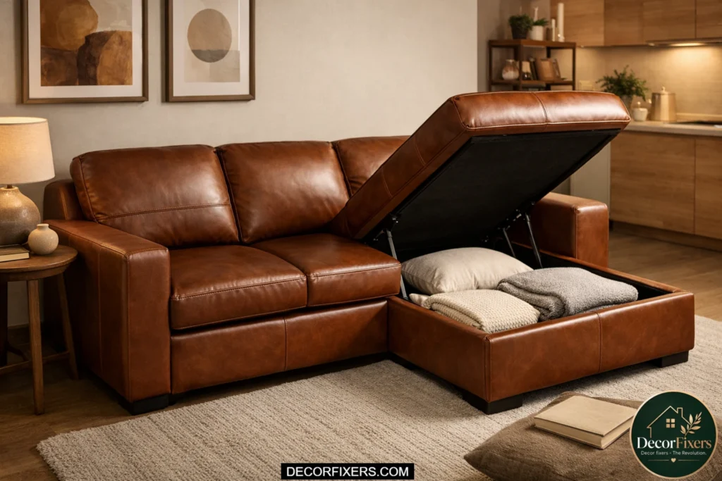 Leather sleeper sofa with hidden storage chaise inside a compact apartment.