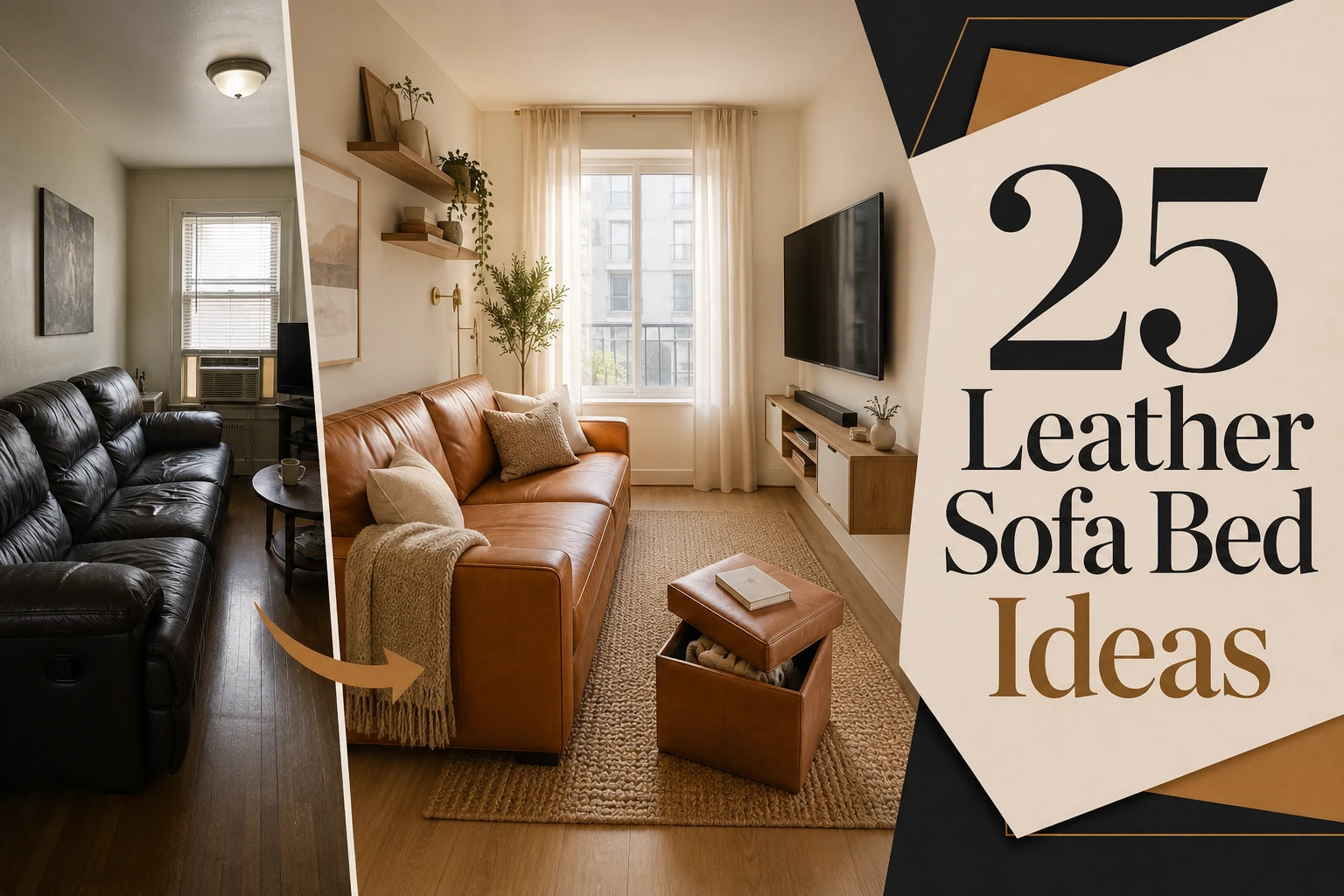 Compact cognac faux leather sofa bed in a 200 sq ft studio apartment with white walls and light wood flooring