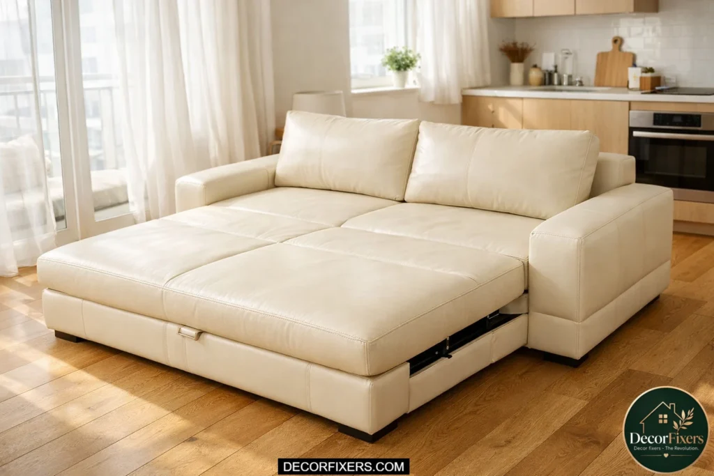 Cream leather sofa bed beside a bright apartment window reflecting natural light.