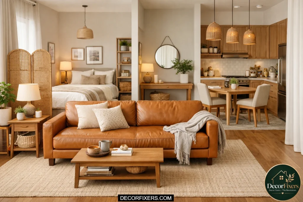 Leather sofa bed anchored by a light jute rug in a studio apartment.