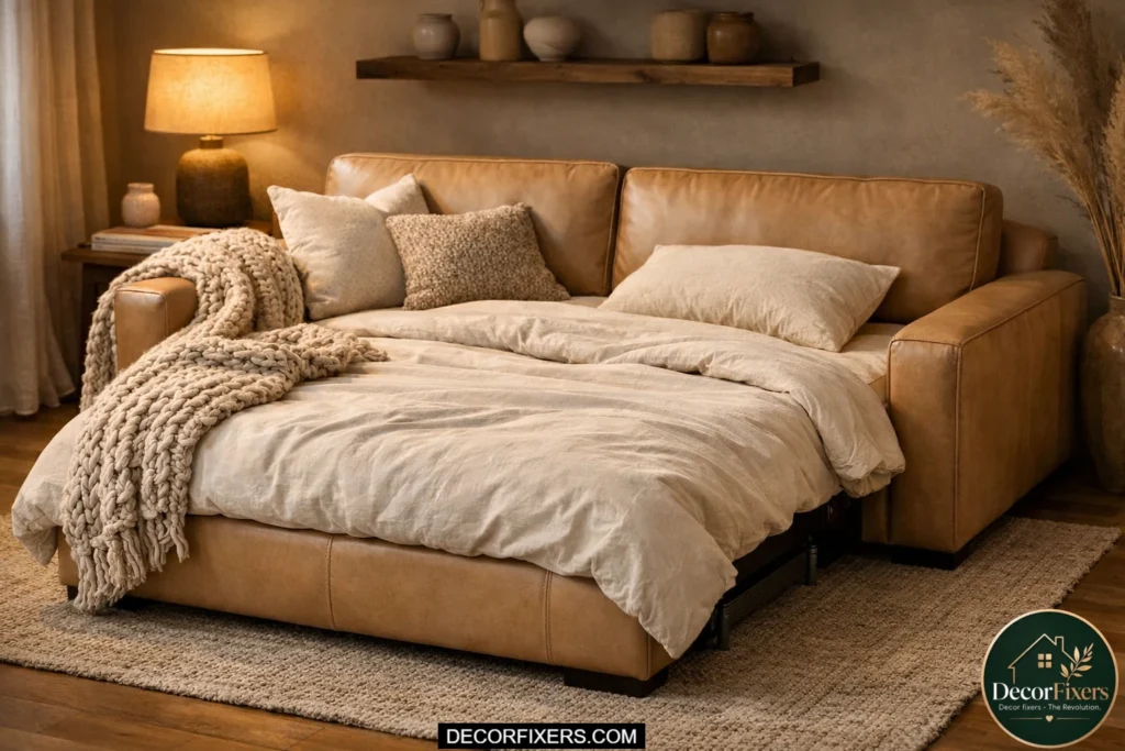 Beige leather sofa bed styled with a chunky knit throw in a cozy apartment.