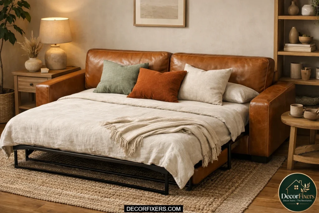 Cognac leather sofa bed styled with sage rust and ivory linen pillows.