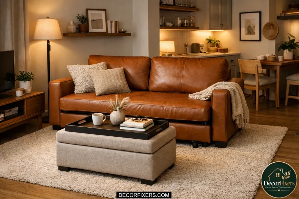 Cognac leather sofa bed with a low-profile storage ottoman in a small room.