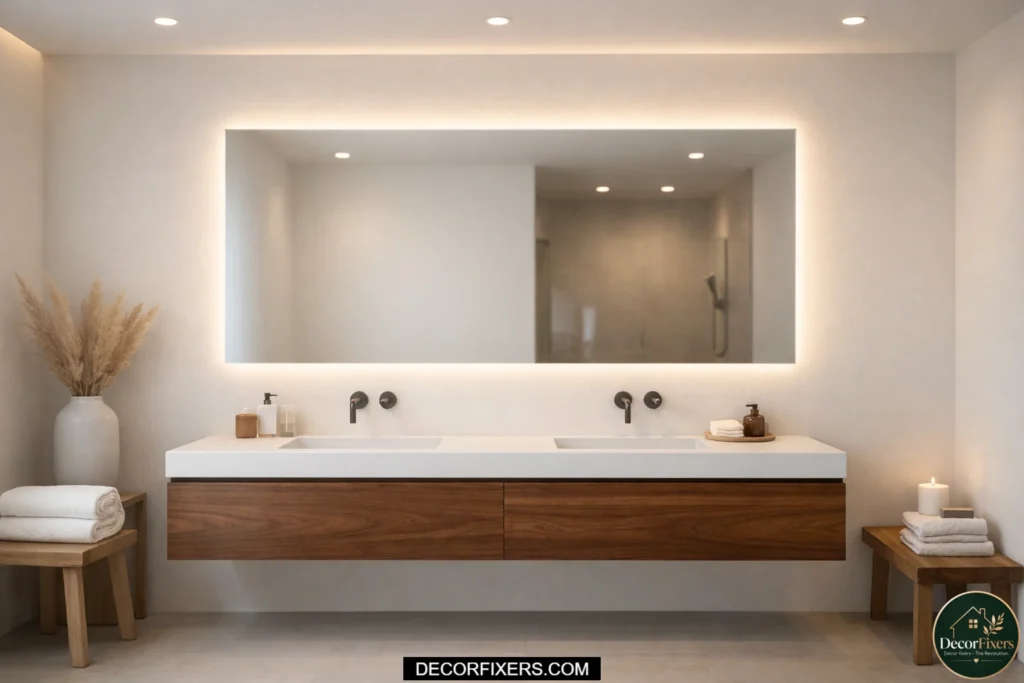 Modern backlit LED mirror creating soft ambient lighting in a minimalist bathroom.