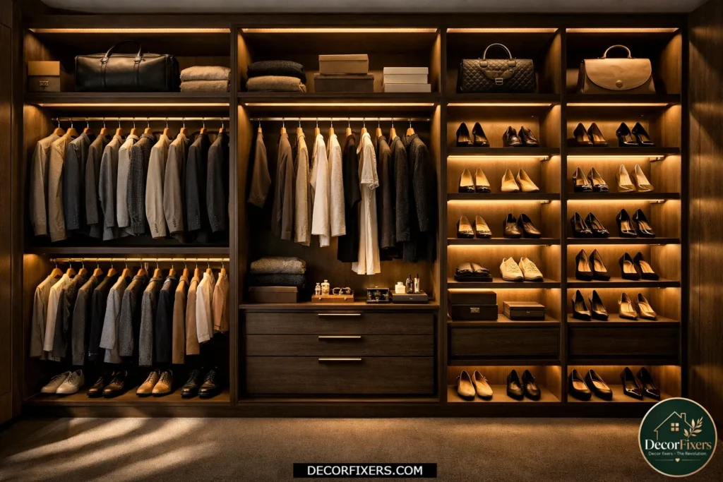 Bedroom closet illuminated with warm LED strip lights.