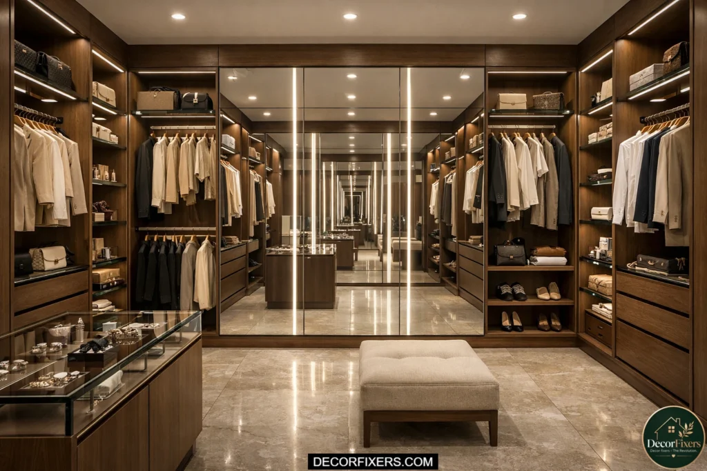 Walk-in wardrobe featuring a full LED backlit mirror wall.