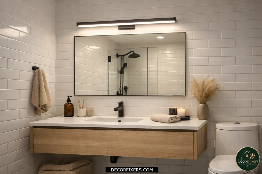 Small bathroom vanity illuminated by a modern LED vanity bar light above the mirror.
