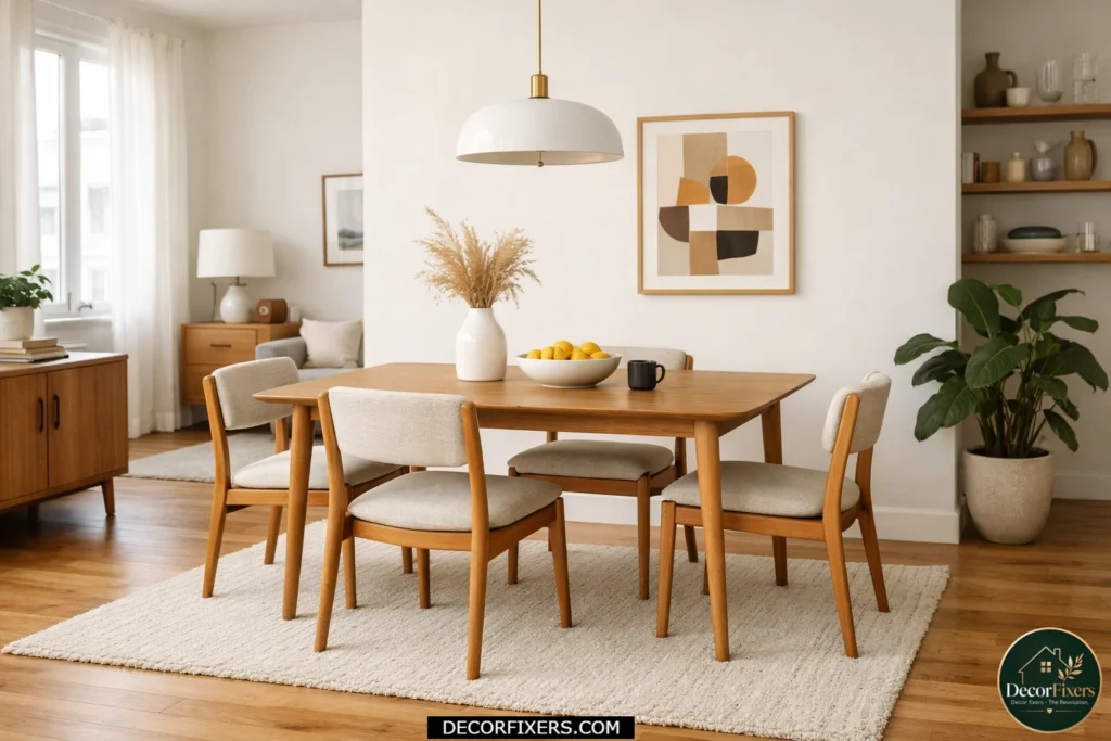 Small dining room with slim legged furniture that keeps the floor visually open.