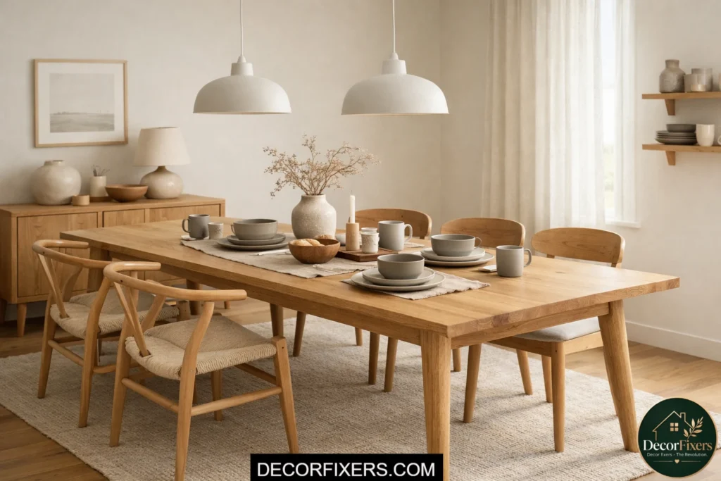 Minimal Scandinavian dining room featuring a solid light oak dining table with clean Nordic styling