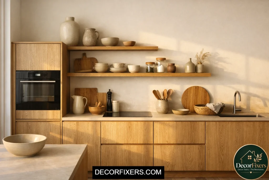 Pale oak Scandinavian kitchen cabinets with natural wood texture
