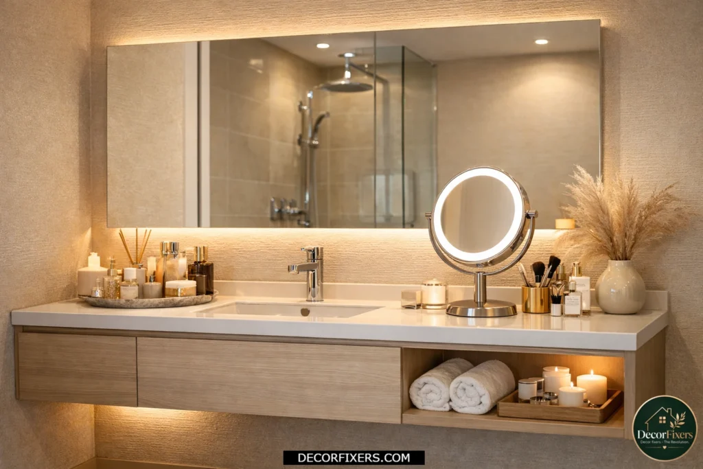 Small bathroom vanity featuring a secondary lighted makeup mirror for detailed grooming.