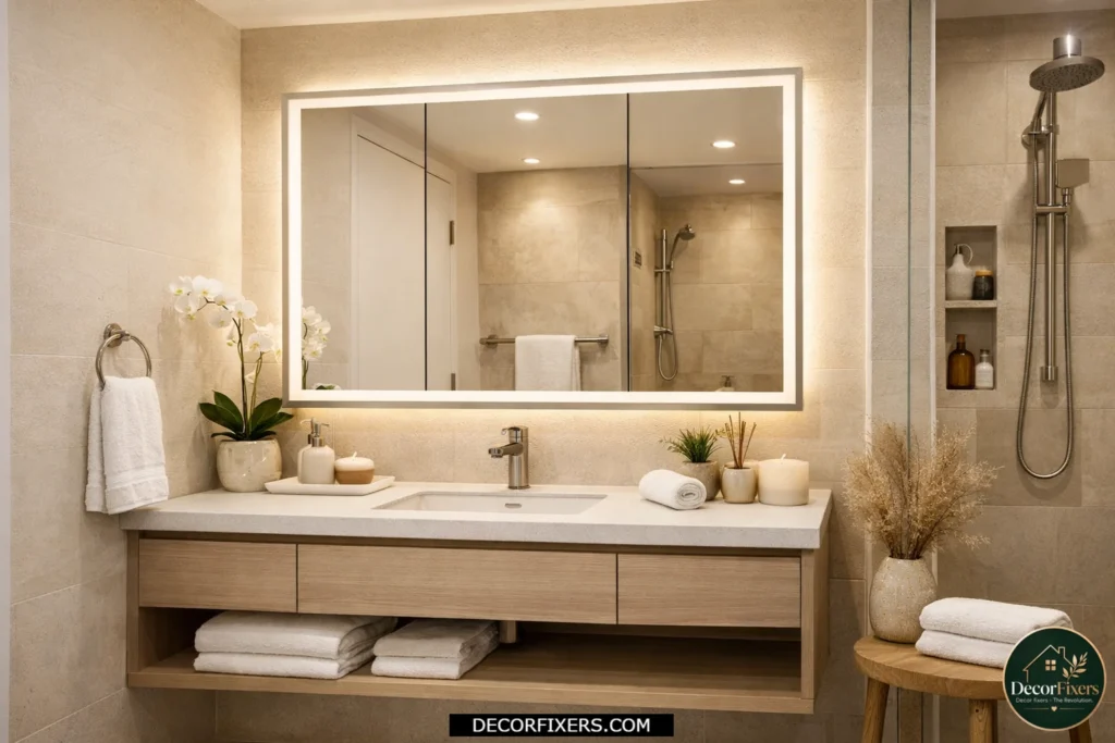 Tiny bathroom featuring a lighted medicine cabinet mirror with hidden storage and luxury lighting.