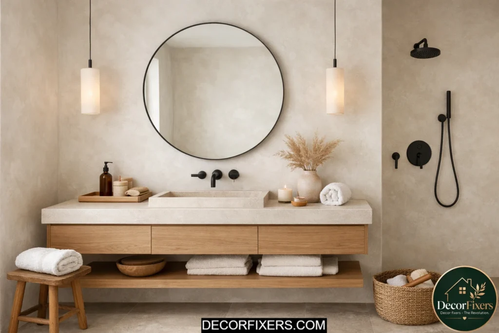 Minimalist bathroom with textured limewash walls and warm earthy finishes