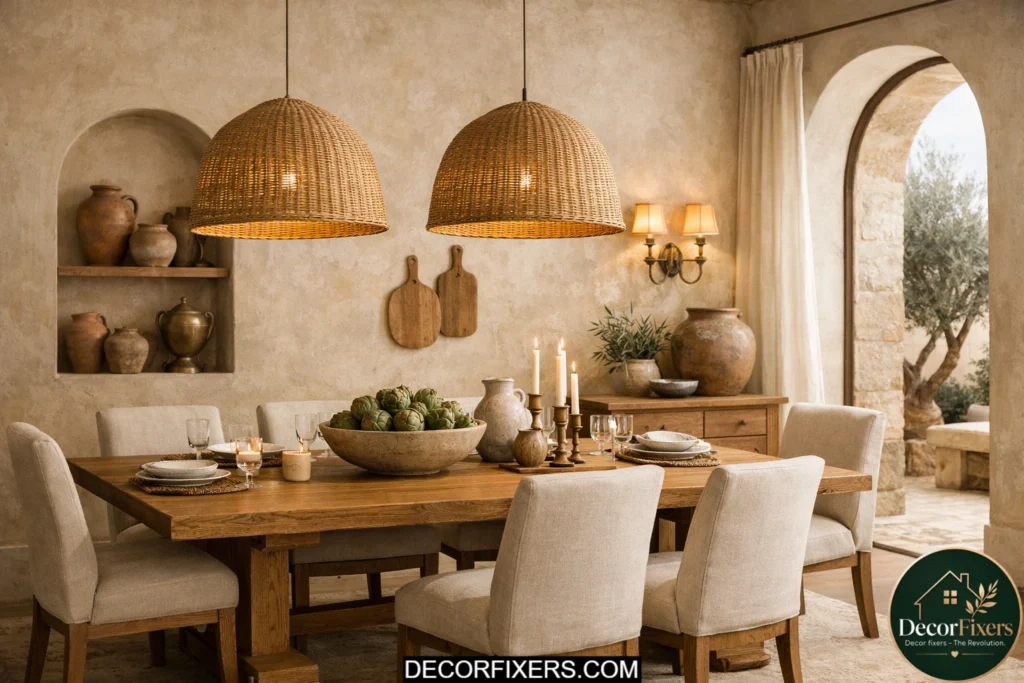 Textured limewash plaster wall in soft earthy tones in a modern luxury dining room