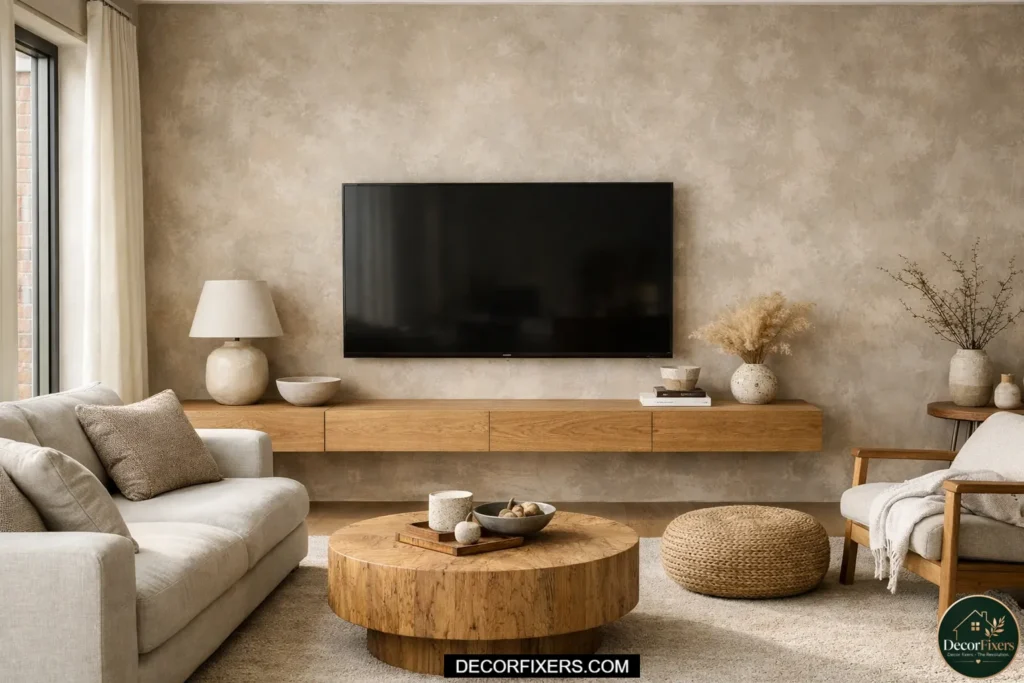 A living room TV accent wall finished in mottled limewash paint in warm gray tones, with a wall-mounted TV and a natural wood floating console below