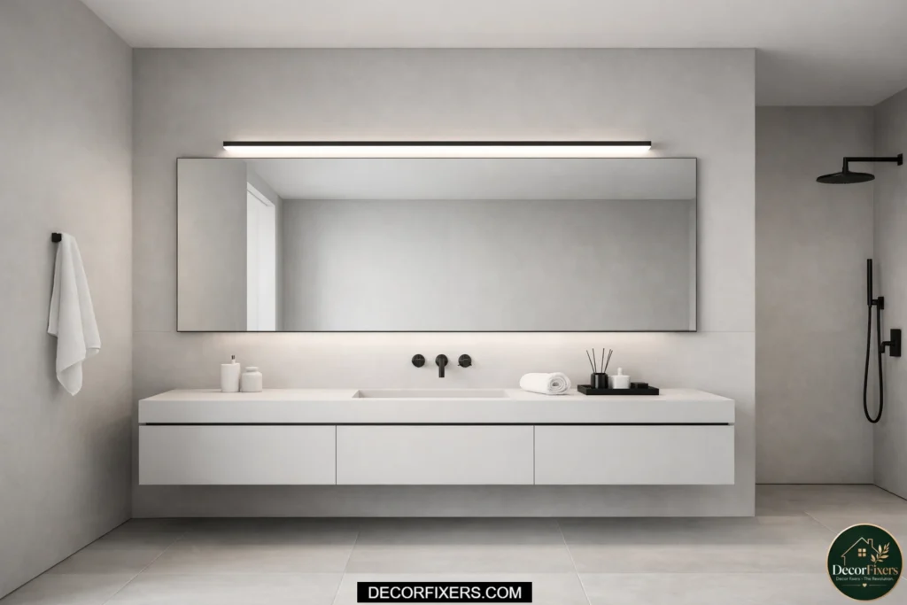Slim linear LED vanity bar in a minimalist modern bathroom.