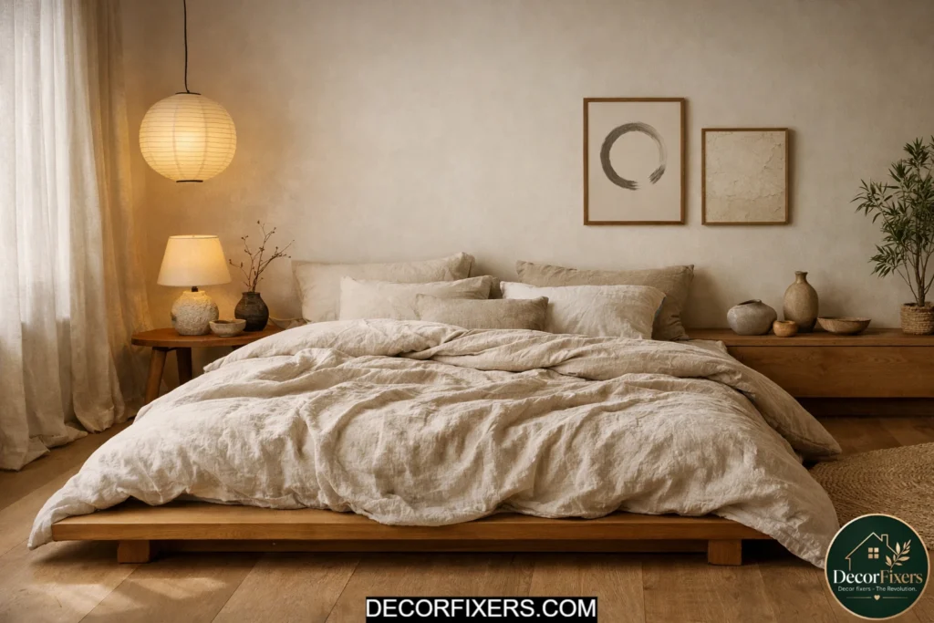 Wrinkled oat linen bedding in a warm Japandi bedroom