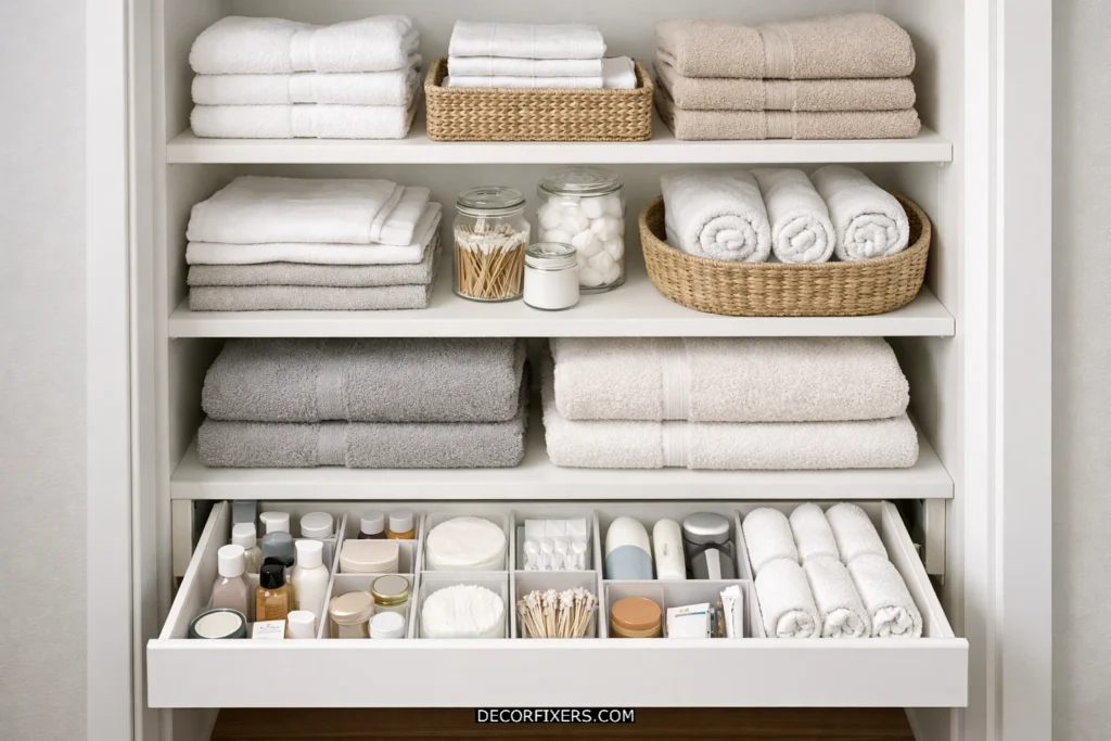 Drawer organizer added to a linen closet.