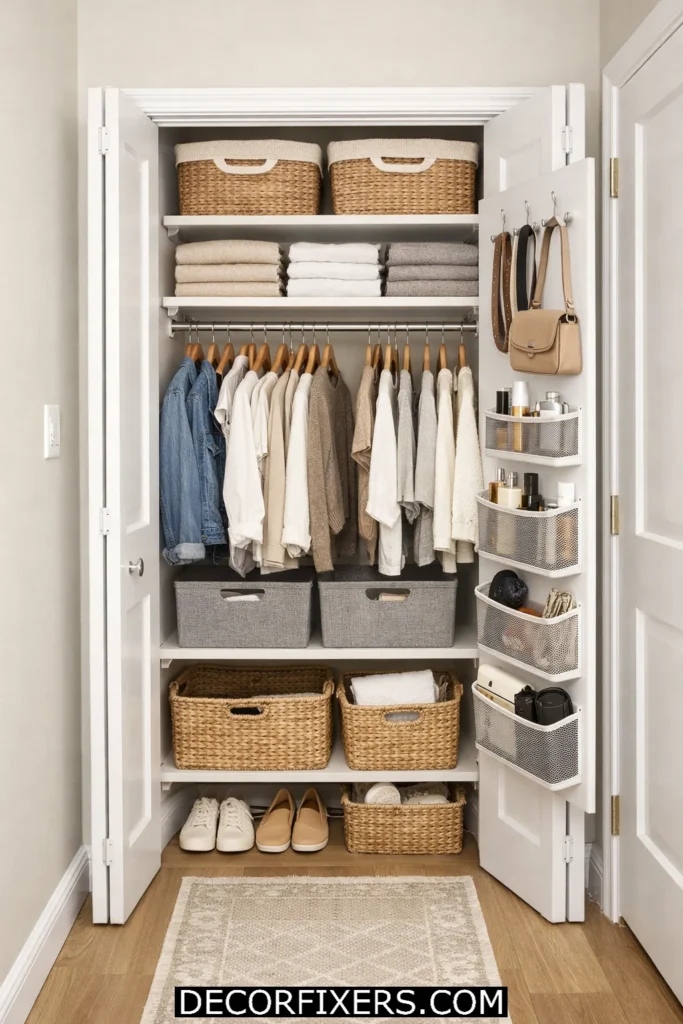 Linen closet converted into organized wardrobe storage with shelves and hanging rods.