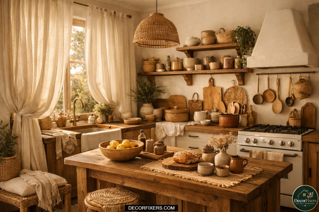 Sheer linen curtains softening sunlight inside a bright bohemian-inspired kitchen