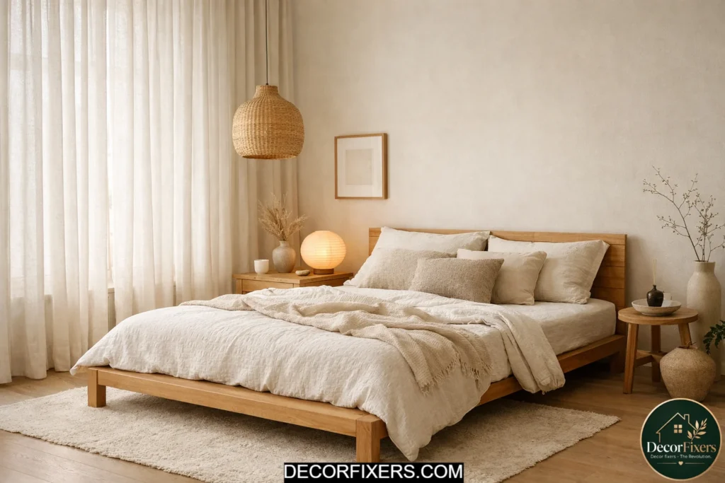 Floor-to-ceiling linen curtains in a warm Japandi bedroom