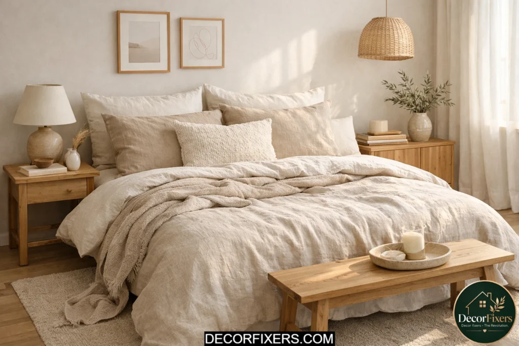 Linen-look bedding styled in a soft neutral luxury-inspired bedroom