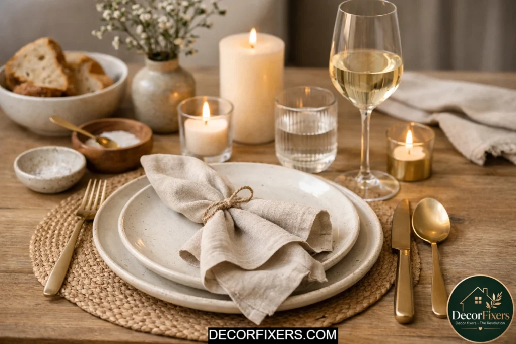 Elegant dining table setting with linen napkins and neutral decor