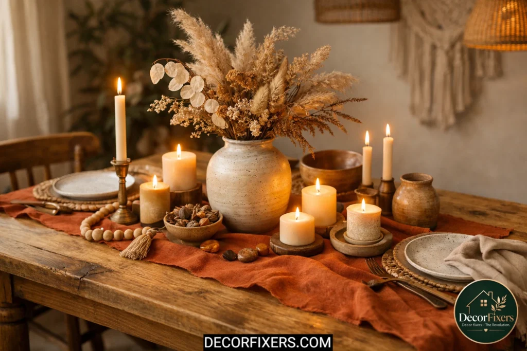 Linen table runner styled on a boho dining table