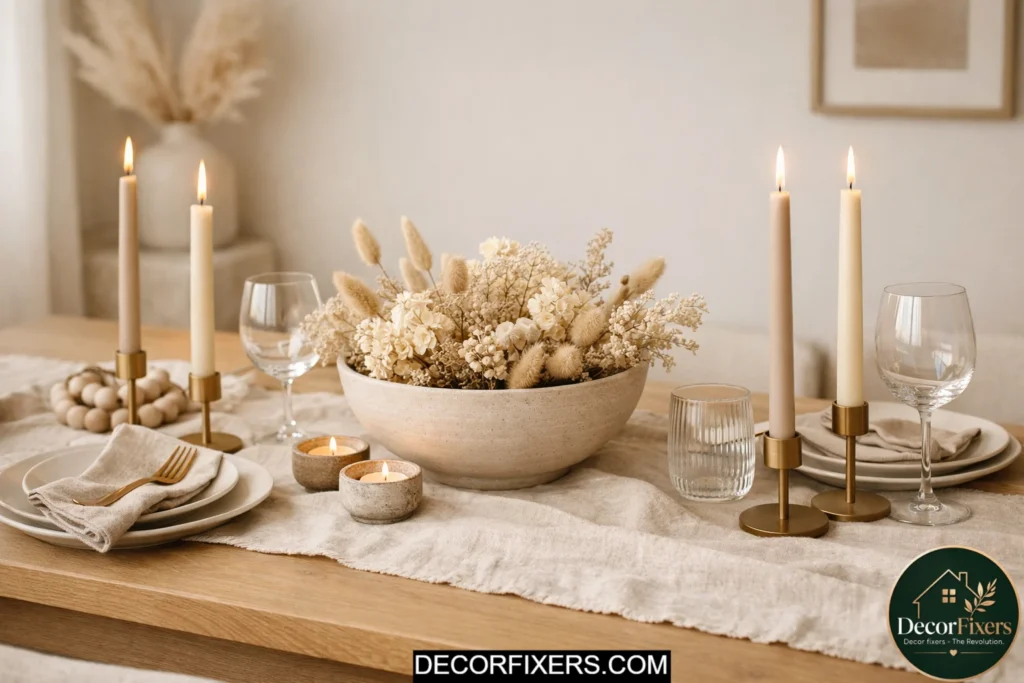 Neutral linen table runner styled with candles on dining table