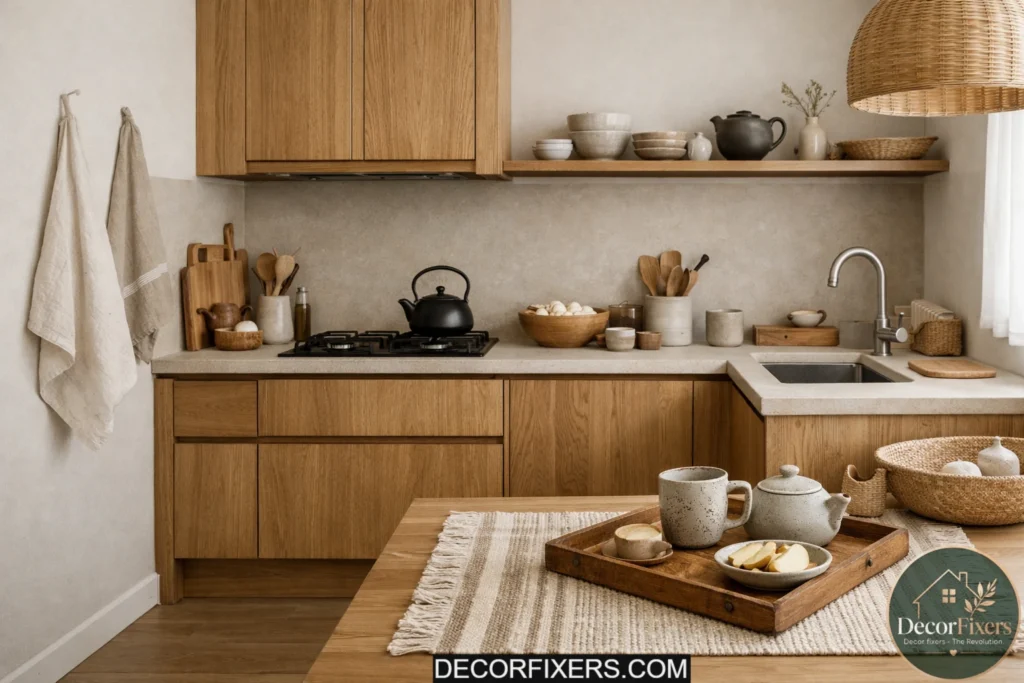 Japandi kitchen styled with natural linen textiles and warm wood finishes.