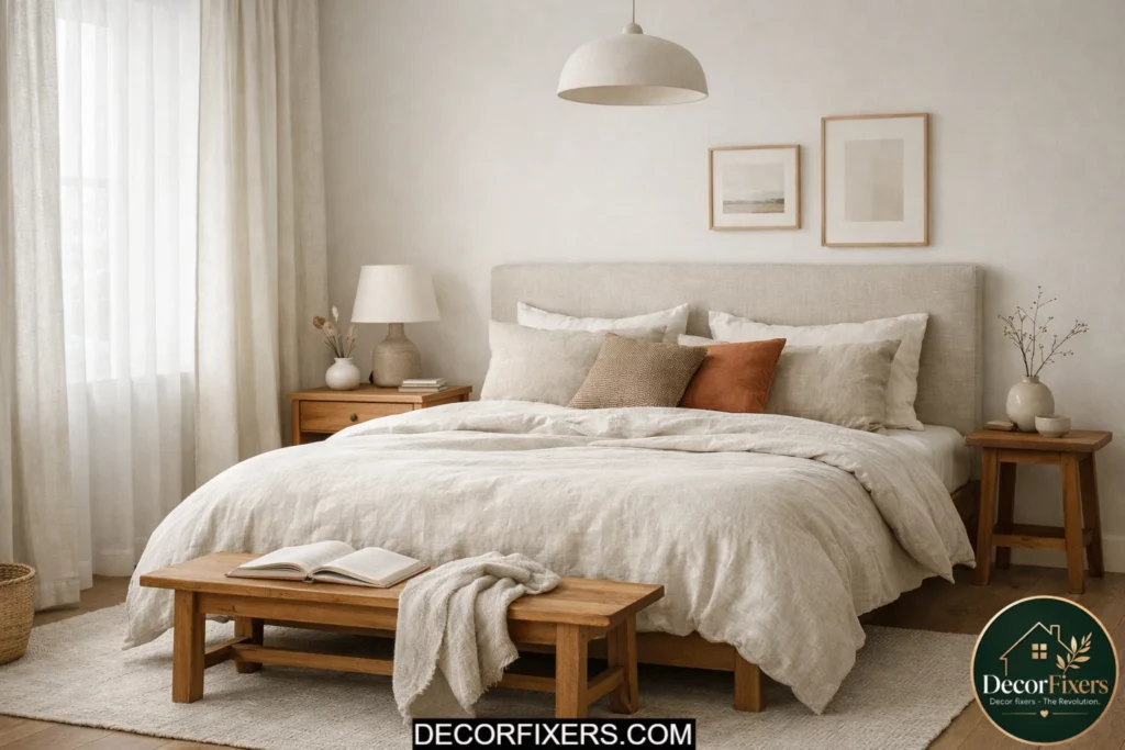 Scandinavian bedroom styled with linen curtains, bedding, and soft neutral textures.