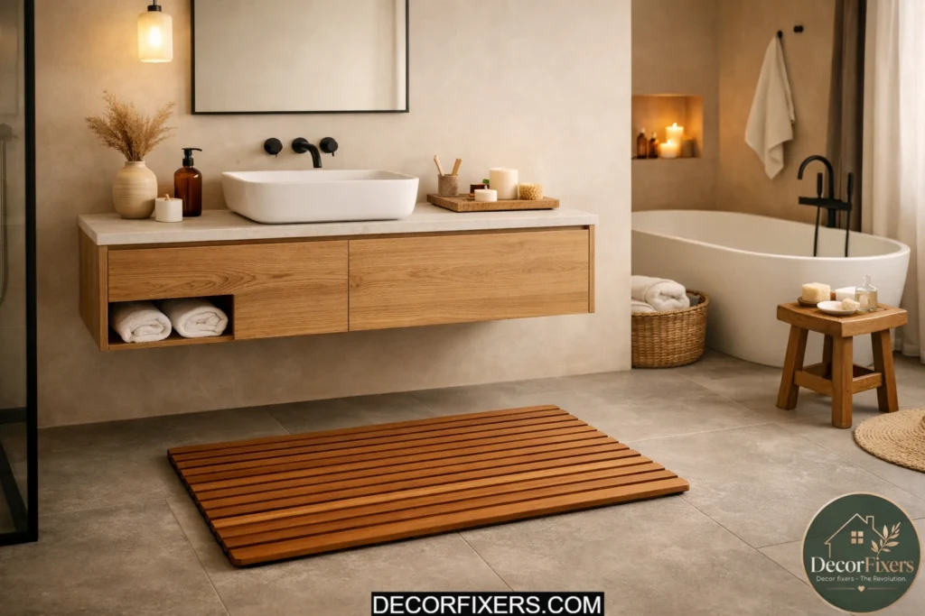Nordic bathroom styled with neutral linen towels and black towel bar.