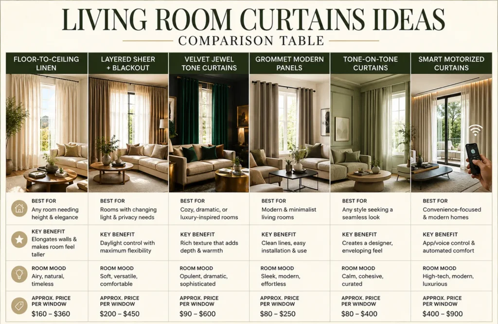 Comparison table infographic showing luxury living room curtain styles and their benefits.