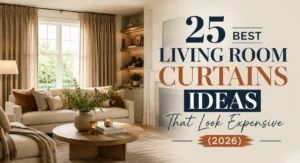 Elegant modern living room with beige curtains on a black rod, cream sofa with decorative pillows, round wooden coffee table styled with books, candles, and greenery, cozy armchair with throw blanket, built-in shelves with books and plants, and warm ambient lighting — overlay text reads ‘25 Best Living Room Curtains Ideas That Look Expensive (2026)