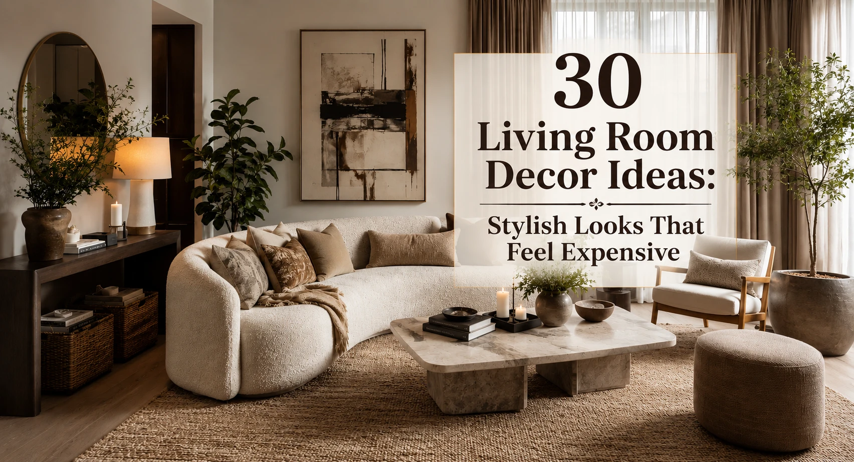Luxury modern living room with boucle sofa, layered lighting, oversized rug, warm neutral palette, and designer decor styling for affordable high-end living room inspiration.