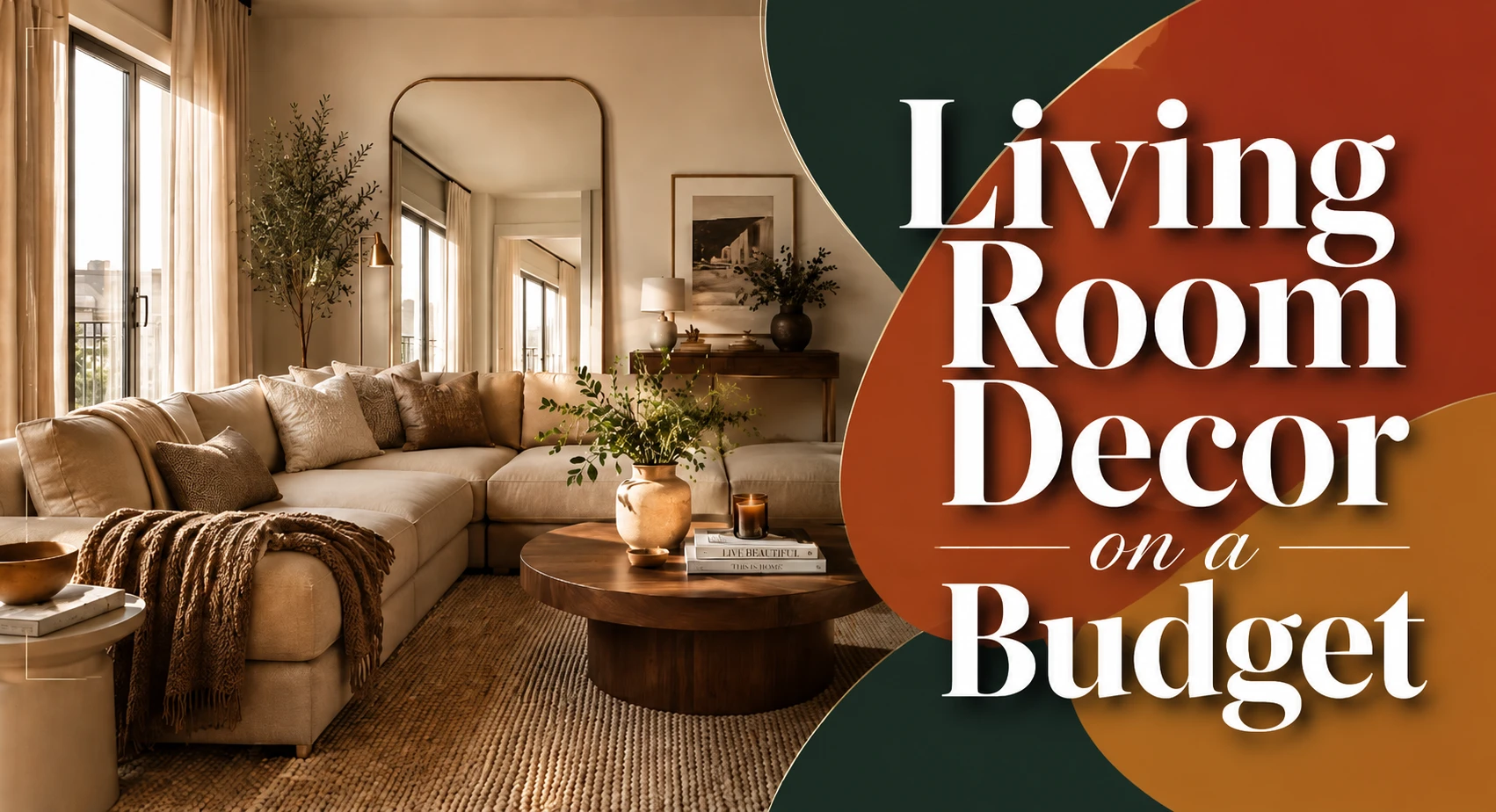 Feature Image: Living room on a budget transformation showcasing modern stylish decor ideas with warm lighting, cozy beige sofa, layered textures, and affordable design upgrades that create a high-end aesthetic without renovation