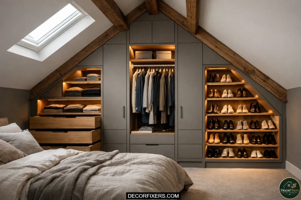 Custom eaves wardrobe fitted beneath a sloped ceiling in a loft bedroom.