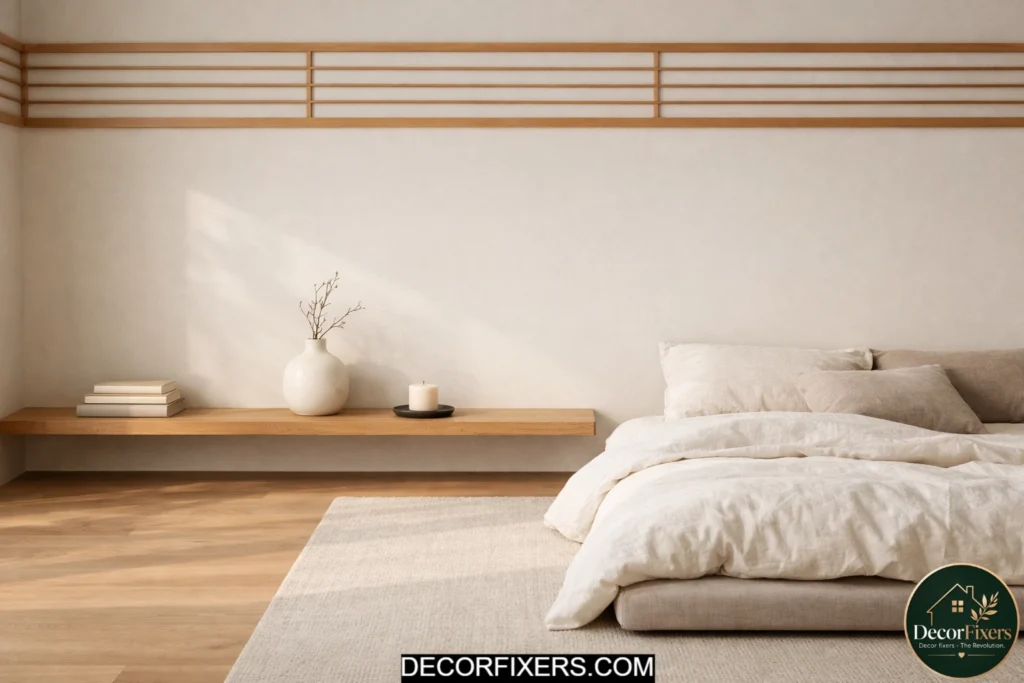 Low floating oak shelf in a minimalist Japandi bedroom