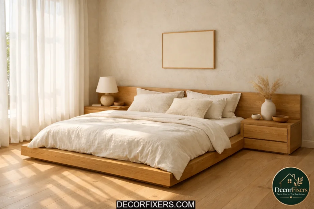 Low oak platform bed in a warm minimalist bedroom with soft neutral bedding