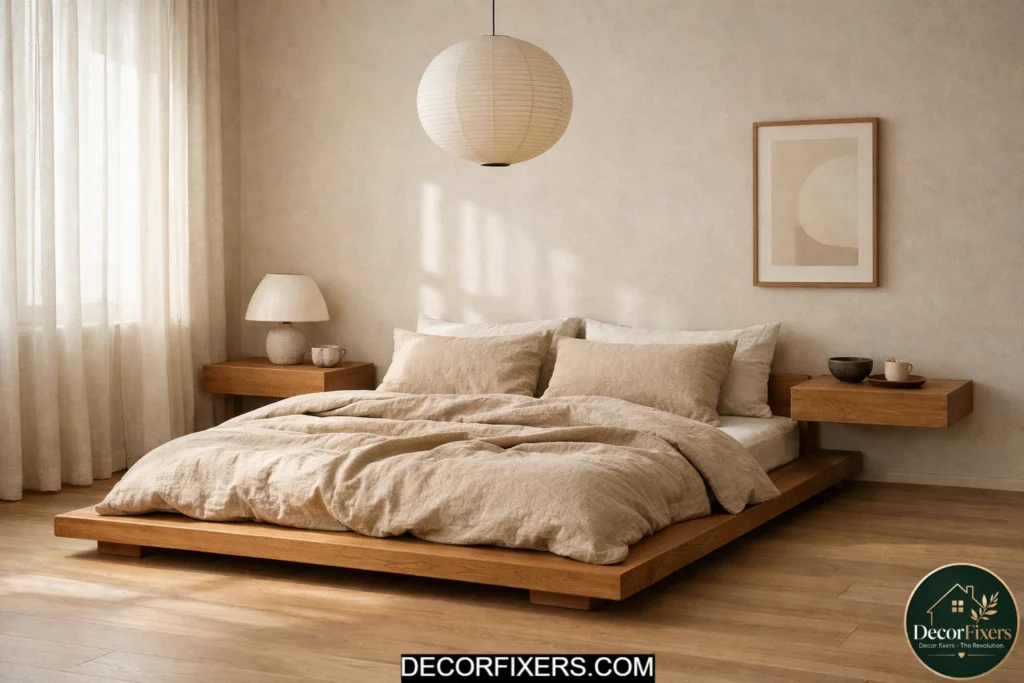 Low-profile solid oak Japandi bed with warm linen bedding and minimal calm styling