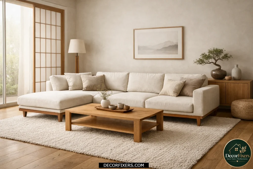 Low-profile Japandi sofa arrangement creating an airy minimalist living room