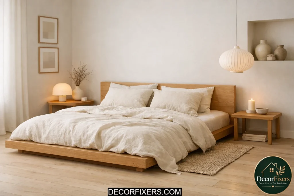 Low-profile oak platform bed in a calm Scandinavian bedroom design.