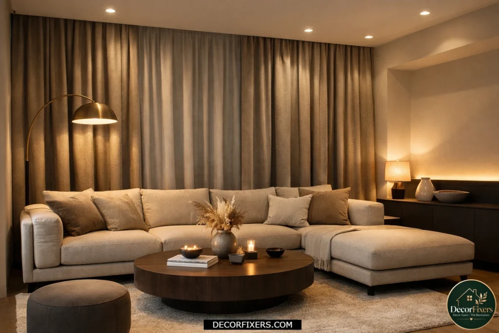 Stylish linen blackout curtains in a modern cozy living room.