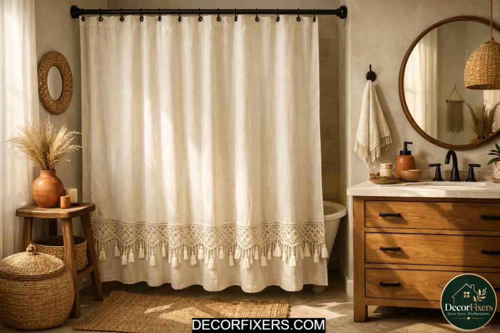 Cream linen shower curtain with macramé trim in a warm boho bathroom with natural wood accents